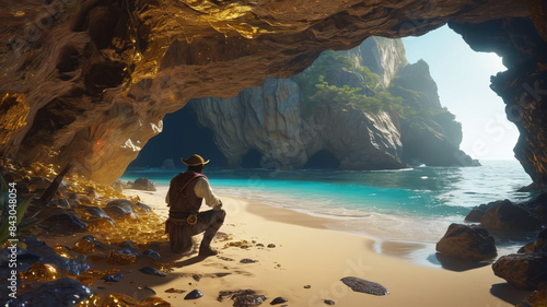 On the deserted island, a marooned sailor discovers a hidden cave filled with glittering pirate gold, Generative AI