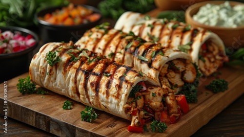 Well-stuffed grilled chicken shawarma with visible grill marks and fresh vegetable garnishing