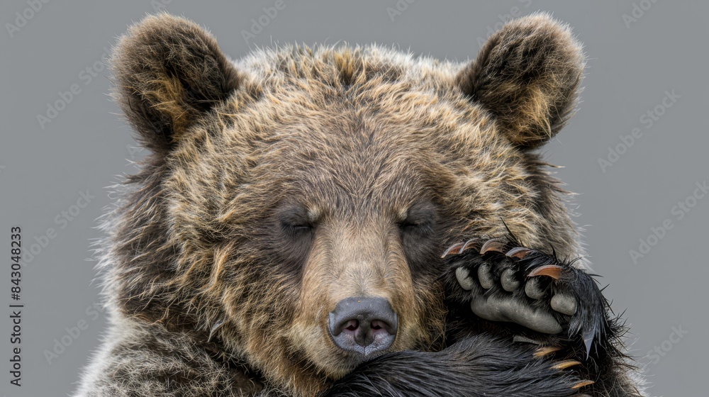 A tight shot of a bear placing one paw on another bear's head, while its other paw rests on the recipient bear's back paws A tight shot of a bear placing one paw on another bear's head, while its other paw rests on the recipient bear's back paws