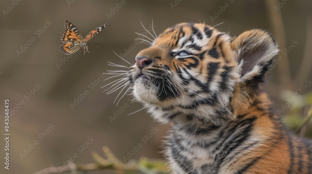 A tiger cub gazes at a butterfly perched on a tree branch The background softly blurs A tiger cub gazes at a butterfly perched on a tree branch The background softly blurs