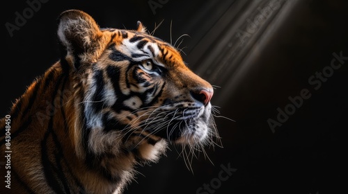  A tight shot of a tiger's face, lit from behind, against a dark backdrop with light emanating from behind its head © Jevjenijs