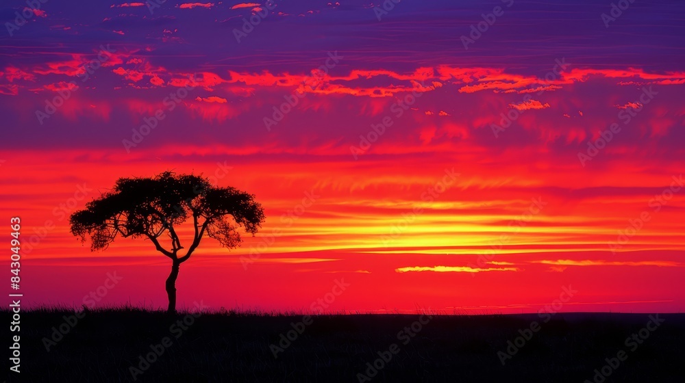  A solitary tree silhouettes against an orange and purple sky, marking the sun's setting distance on the grassy horizon In the foreground, grasses and trees are outlined