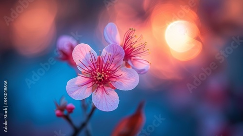  A tight shot of a pink bloom against a diffusely blurred backdrop intense light sources at picture center  while the background s middle hosts a soft  blur