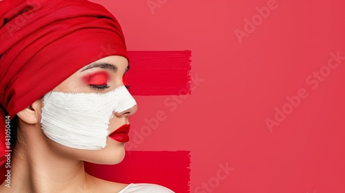  A woman wearing a red turban, her face covered by a bandage extending to her cheek, and a white bandage on her cheek concealed by a red piece of paper