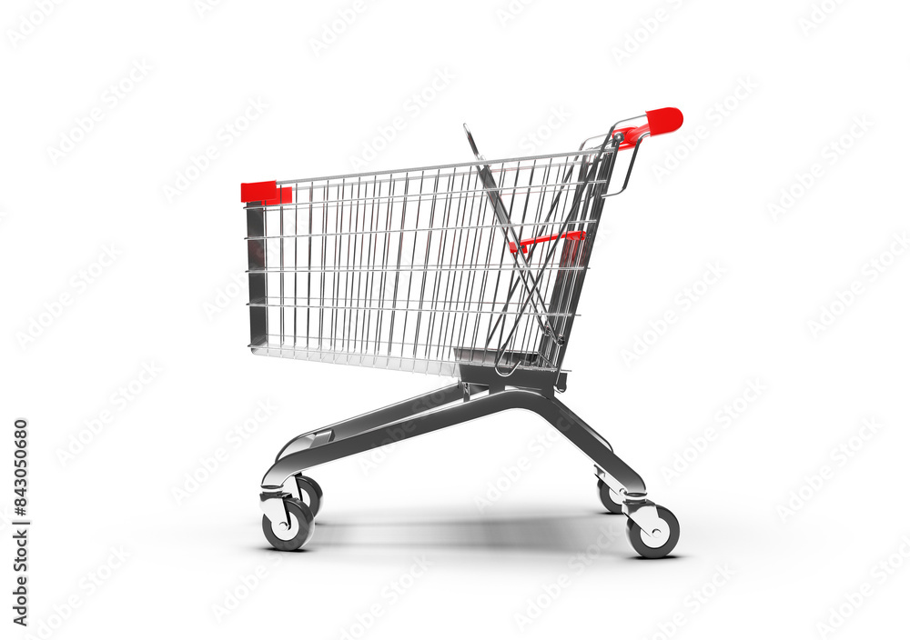 Shopping cart with red handles isolated side view Shopping cart with red handles isolated side view