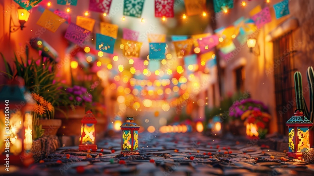 Festive Evening in Traditional Mexican Street with Colorful Decorations Festive Evening in Traditional Mexican Street with Colorful Decorations