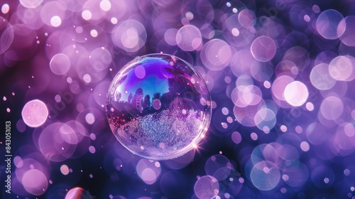 purple and blue bloom background Cityscape within bubble's core Hand holding, outside