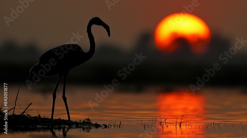  A large bird atop a body of water, facing a separate one, with the sun casting golden rays behind Bird on water's surface