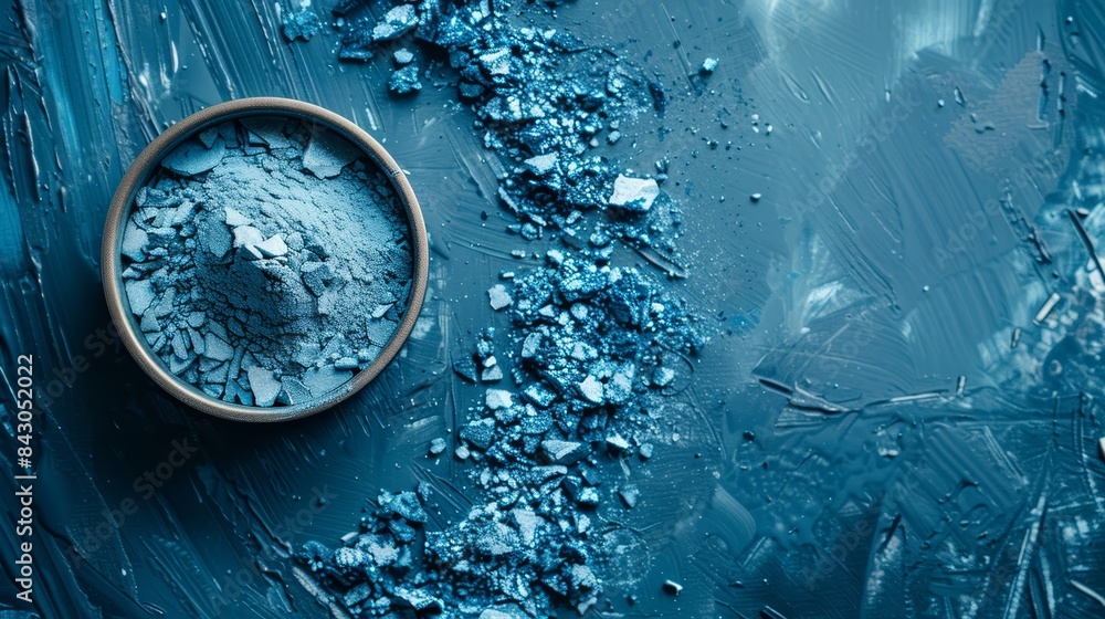 A bowl filled with powder, blue hue, sits beside a mound of crushed blue and white powders Atop a blue-silver surface rests this scene, with a mini A bowl filled with powder, blue hue, sits beside a mound of crushed blue and white powders Atop a blue-silver surface rests this scene, with a mini