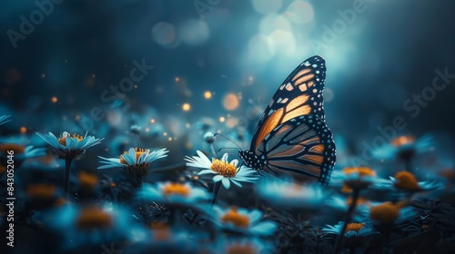  A tight shot of a butterfly atop a daisy, surrounded foreground by a soft blur of blue, yellow, and white blooms