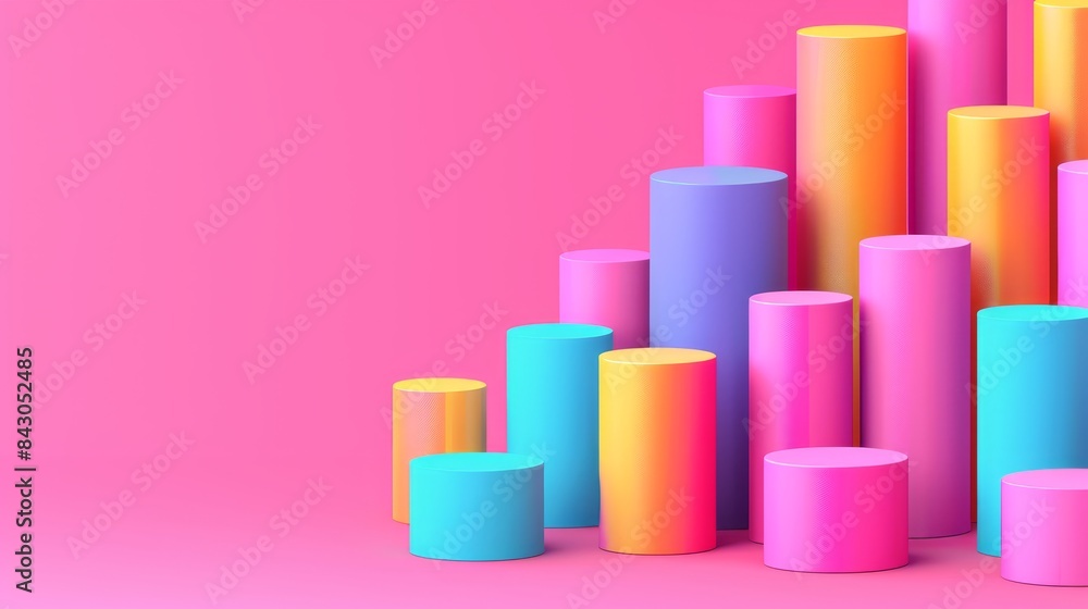 A collection of vibrant cylinders aligned on a pink-blue background One features a pink foreground, the other a blue A collection of vibrant cylinders aligned on a pink-blue background One features a pink foreground, the other a blue