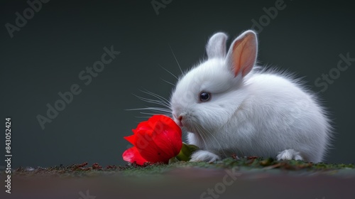  A white rabbit sniffs a red flower against a gray and black background The background shifts between black for the distant landscape and gray for the foreground, featuring a solitary red rose © Jevjenijs