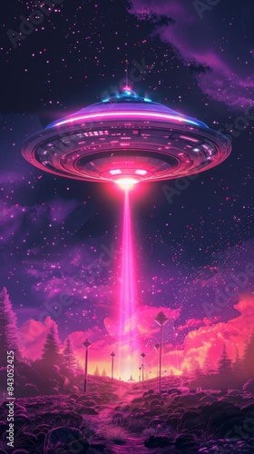 an alien spaceship flying over a purple sky photo