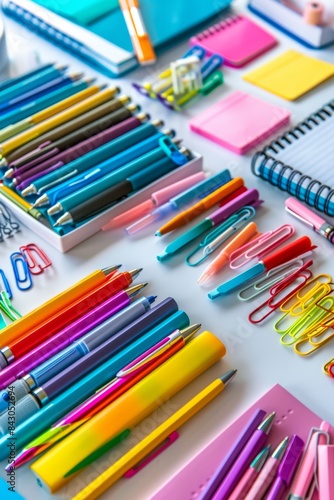 school supplies and stationery on a white table
