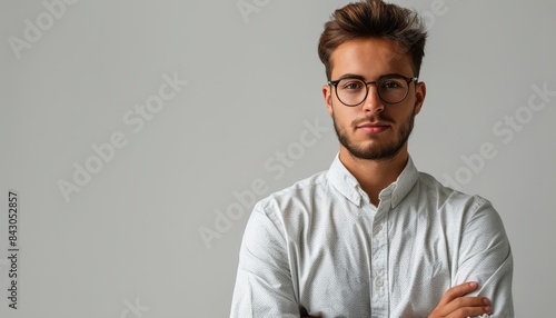 Man With Glasses Standing in Front of a Grey Wall