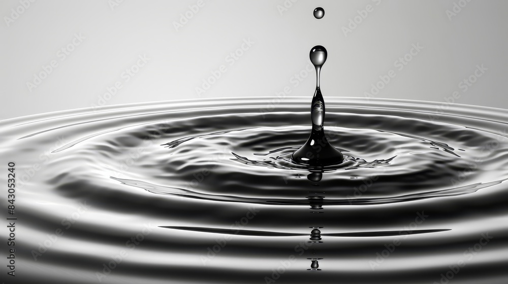 A black-and-white image of water with a single droplet suspended at the surface and another at the bottom A black-and-white image of water with a single droplet suspended at the surface and another at the bottom