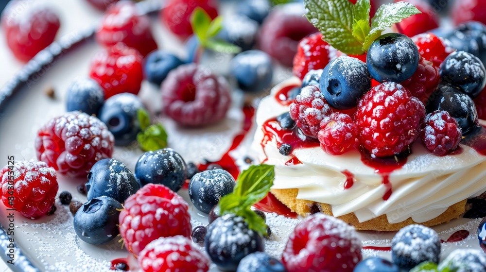 A tight shot of a dessert on a plate, adorned with berries and blueberries A mint sprig graces the dessert's peak A tight shot of a dessert on a plate, adorned with berries and blueberries A mint sprig graces the dessert's peak