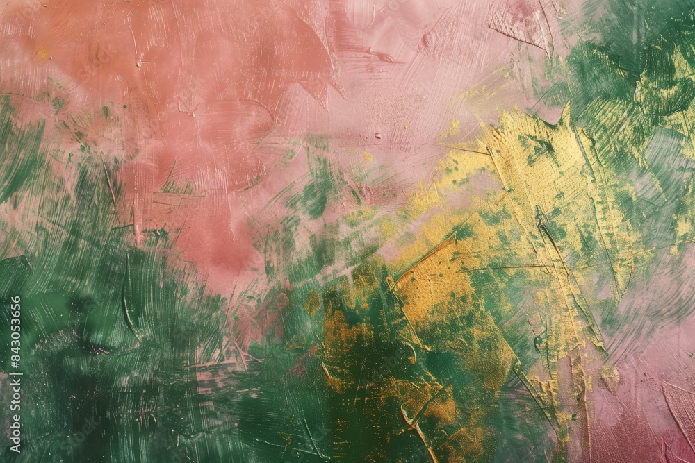 Fototapeta premium Abstract painted background featuring gold, green, and pink acrylic brush strokes creating a textured and artistic backdrop