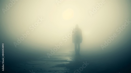  A person stands amidst foggy terrain with the sun piercing through, illuminating the mist surrounding them
