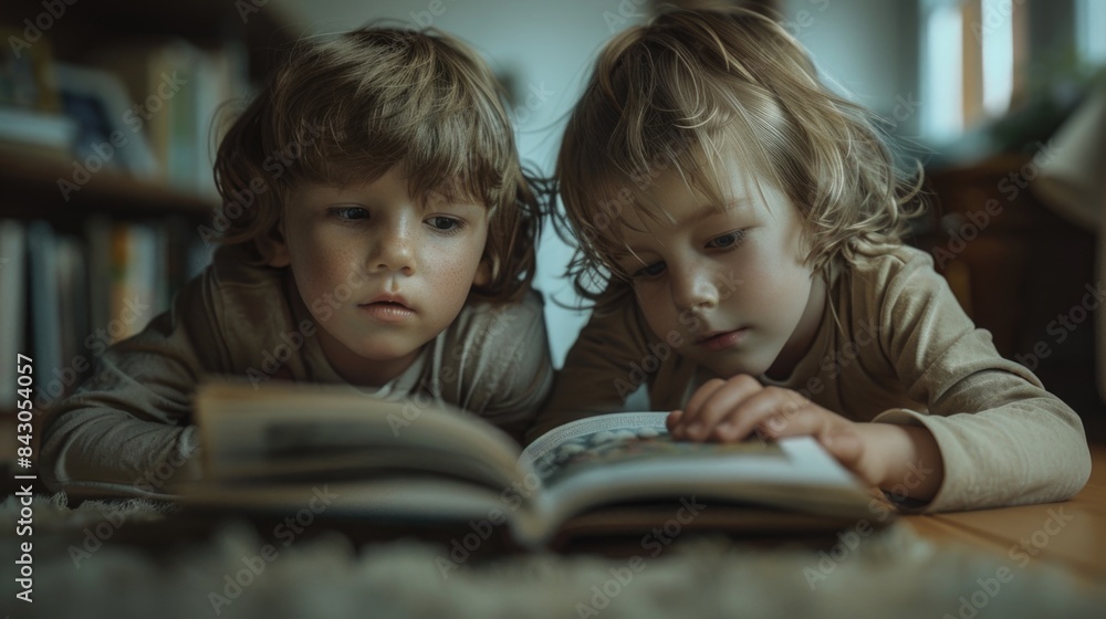 Enthralled Young Siblings Absorbed in Storybook Reading Together Enthralled Young Siblings Absorbed in Storybook Reading Together