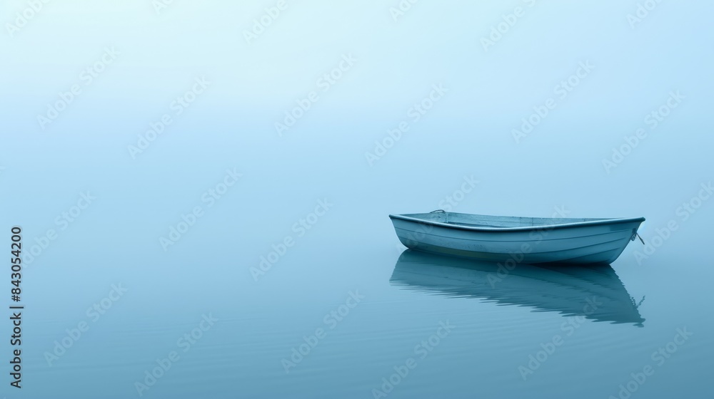 A small boat floats atop a fog-shrouded body of water, with another boat in its midst A small boat floats atop a fog-shrouded body of water, with another boat in its midst