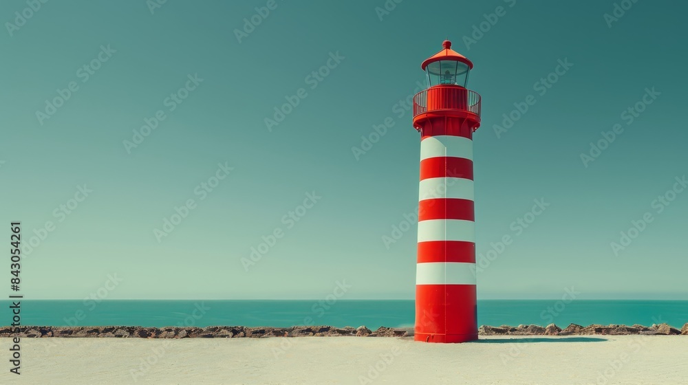 A red-and-white lighthouse sits atop a sandy beach, overlooking a vast body of blue water, framed by a clear blue sky behind A red-and-white lighthouse sits atop a sandy beach, overlooking a vast body of blue water, framed by a clear blue sky behind