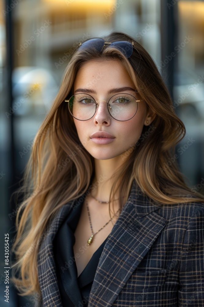 Stylish Young Woman Wearing Glasses and Plaid Blazer in Urban Setting Stylish Young Woman Wearing Glasses and Plaid Blazer in Urban Setting