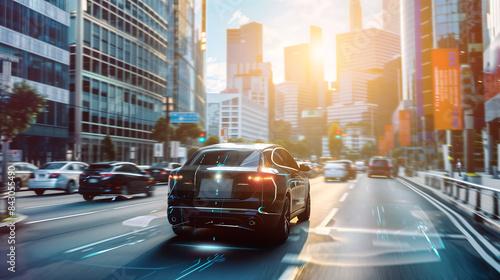 futuristic electric car driving down the street in an urban city, surrounded by tall buildings and other cars