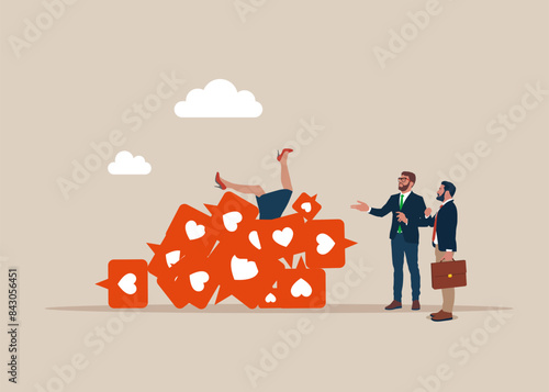 Woman legs upside down stick pile stack like notification instagram facebook. Heart icon social media smm manager, popularity. Flat vector illustration