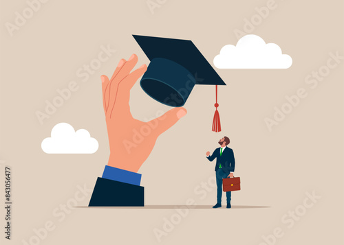 Step forward winning target mortarboard degree. MBA. Flat vector illustration
