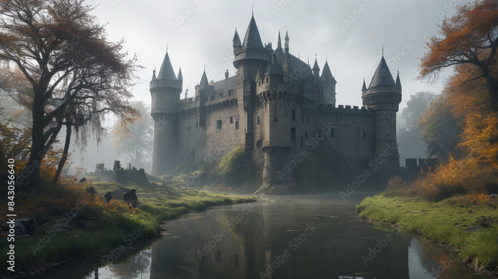 Fototapeta premium Wrapped in a shroud of mist, the castle's moat teems with eerie creatures lurking in the murky depths, ready to defend their domain, Generative AI