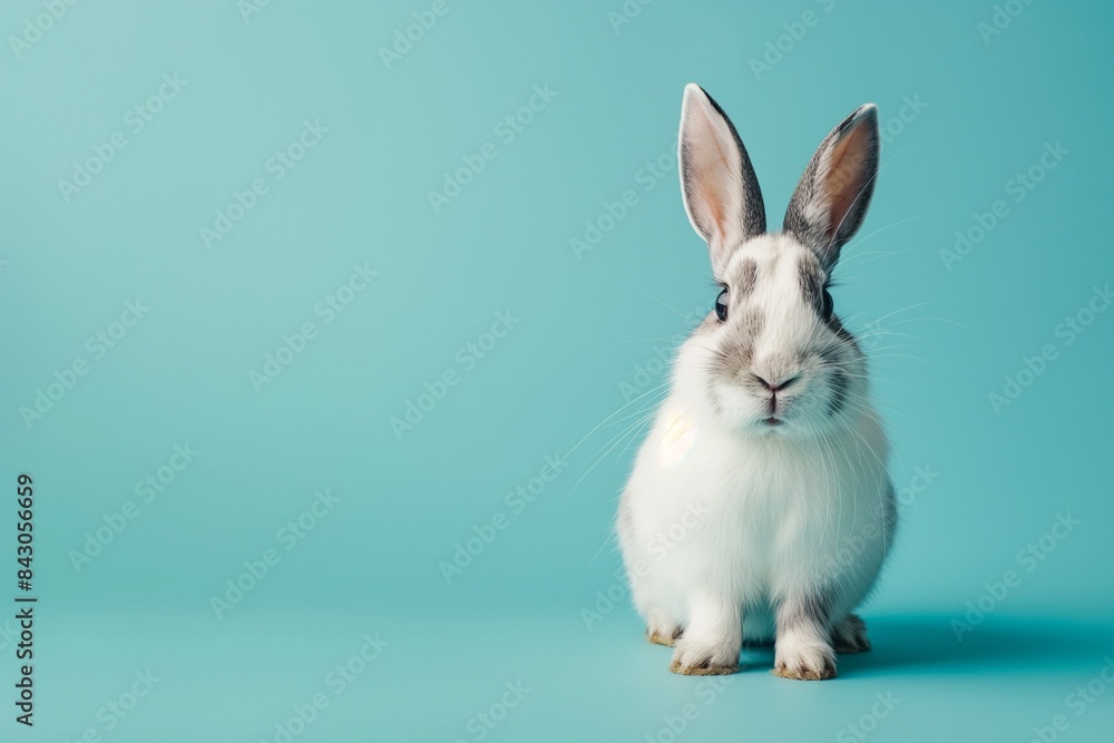 A studio photo of a cute rabbit against a background of pastel colours, taken with soft lighting. Space for copy. A studio photo of a cute rabbit against a background of pastel colours, taken with soft lighting. Space for copy.