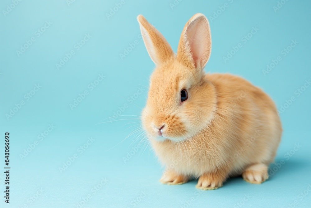 A studio photo of a cute rabbit against a background of pastel colours, taken with soft lighting. Space for copy. 