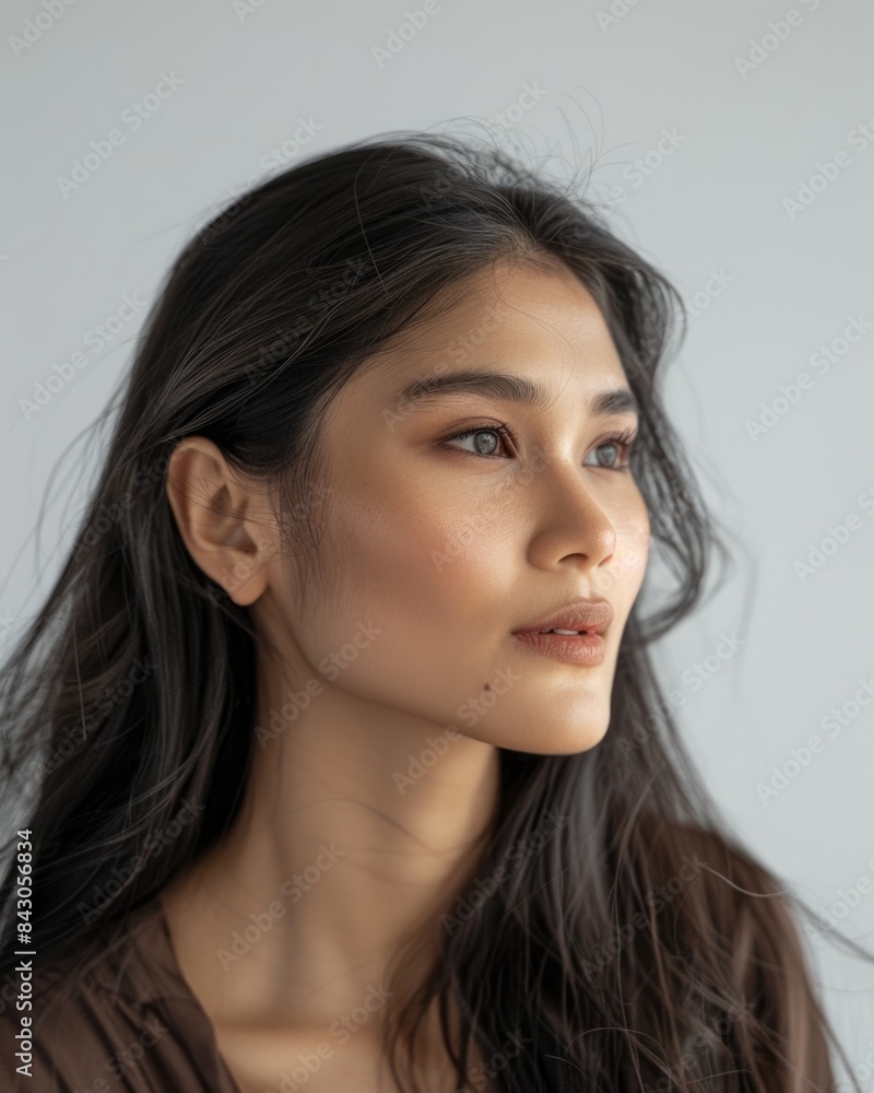 Elegant Asian Woman Gazing Thoughtfully in Natural Light Portrait Elegant Asian Woman Gazing Thoughtfully in Natural Light Portrait