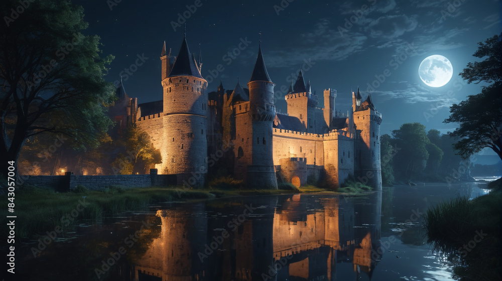 Fototapeta premium The moonlight casts an ethereal glow upon the castle's moat, revealing the tranquil beauty of its watery embrace, Generative AI