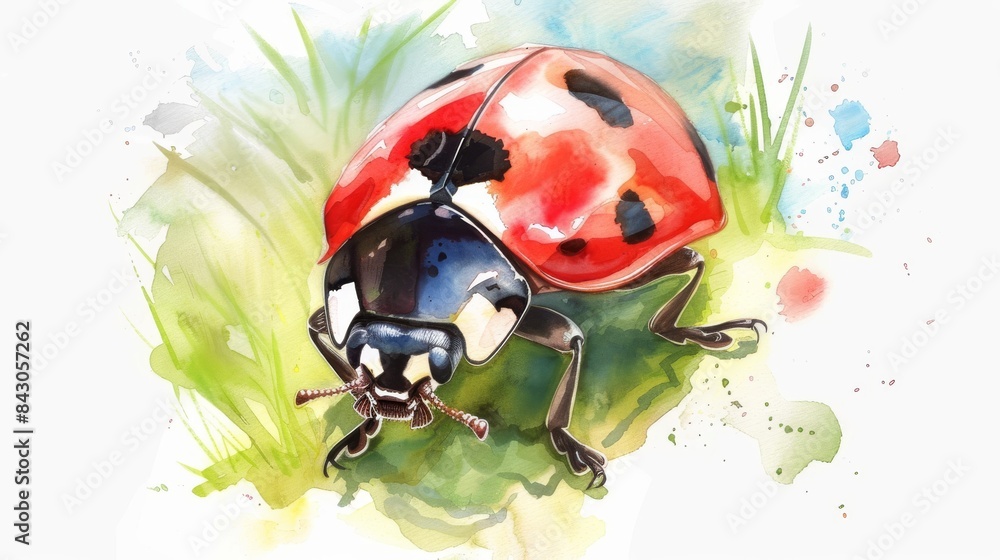 A watercolor painting of a ladybug on a green leaf. The ladybug has a red back with black spots and black head with two black eyes. A watercolor painting of a ladybug on a green leaf. The ladybug has a red back with black spots and black head with two black eyes.