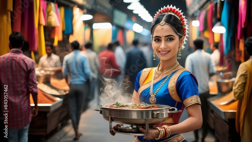 A woman in traditional indian garb holding a pan of food, AI