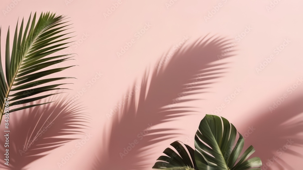 Blurred shadow from palm leaves on the light pink wall. Minimal abstract background for product presentation. Spring and summer. Blurred shadow from palm leaves on the light pink wall. Minimal abstract background for product presentation. Spring and summer.