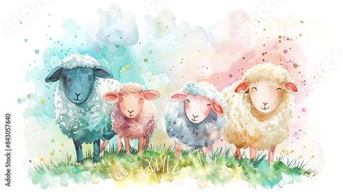 Four watercolor sheep in a green field photo