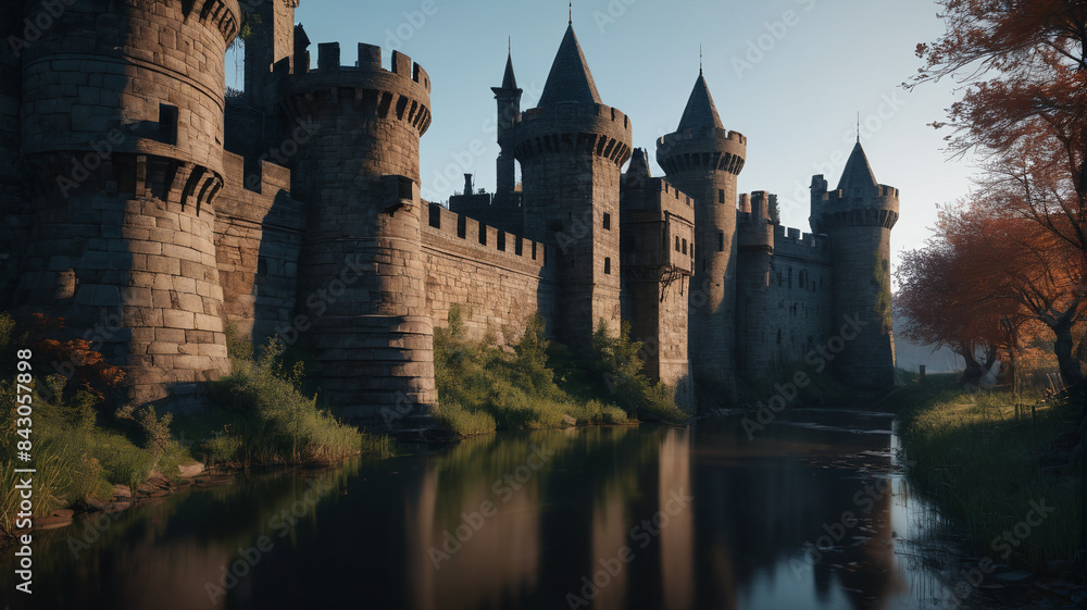 Enveloped in darkness, the castle's moat becomes a realm of shadows and whispers, where unseen dangers lurk in every corner, Generative AI Enveloped in darkness, the castle's moat becomes a realm of shadows and whispers, where unseen dangers lurk in every corner, Generative AI