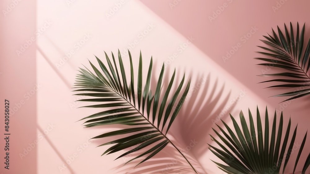 Blurred shadow from palm leaves on the light pink wall. Minimal abstract background for product presentation. Spring and summer. Blurred shadow from palm leaves on the light pink wall. Minimal abstract background for product presentation. Spring and summer.