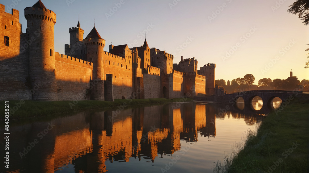 At dawn, the castle's moat reflects the golden hues of the rising sun, bathing the fortress in a warm, inviting glow, Generative AI At dawn, the castle's moat reflects the golden hues of the rising sun, bathing the fortress in a warm, inviting glow, Generative AI