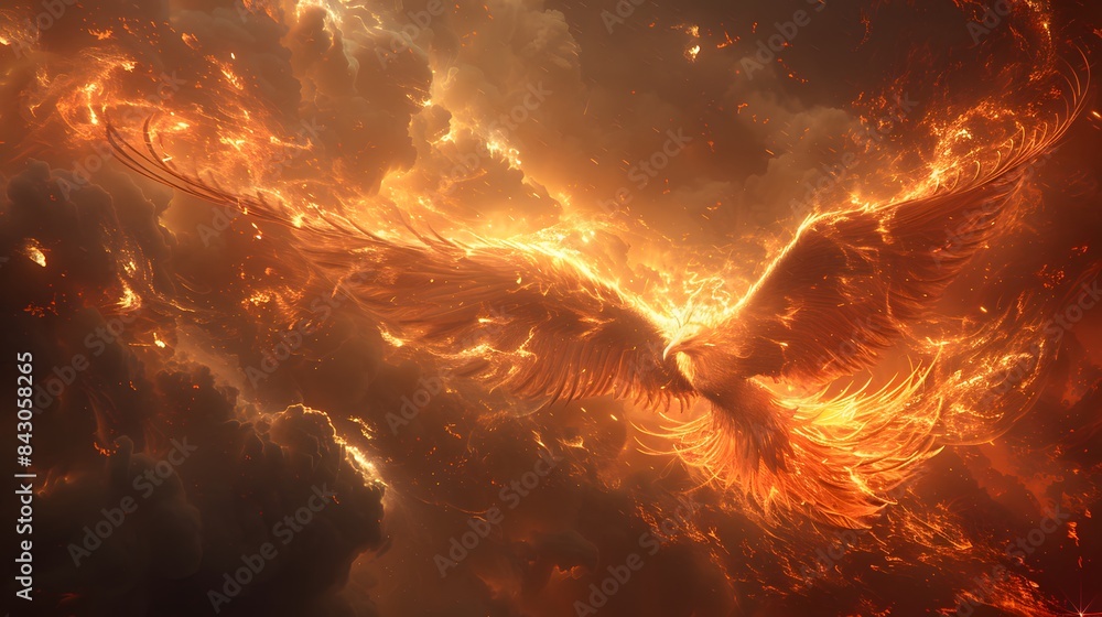 Naklejka premium Doodle art, From the heart of a volcanic eruption, a phoenix rises, its radiant plumage illuminating the darkened skies, heralding a new era of hope., Perspective View
