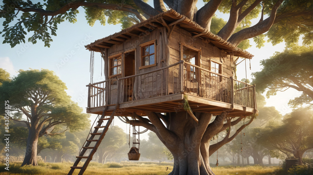 Treehouse Enterance Suspended high above the ground, the treehouse boasts a charming rustic ...