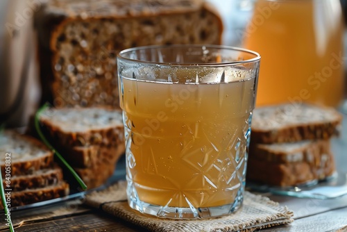 A refreshing glass of homemade kvass with freshly baked bread in the background, ideal for a wholesome breakfast or snack. photo