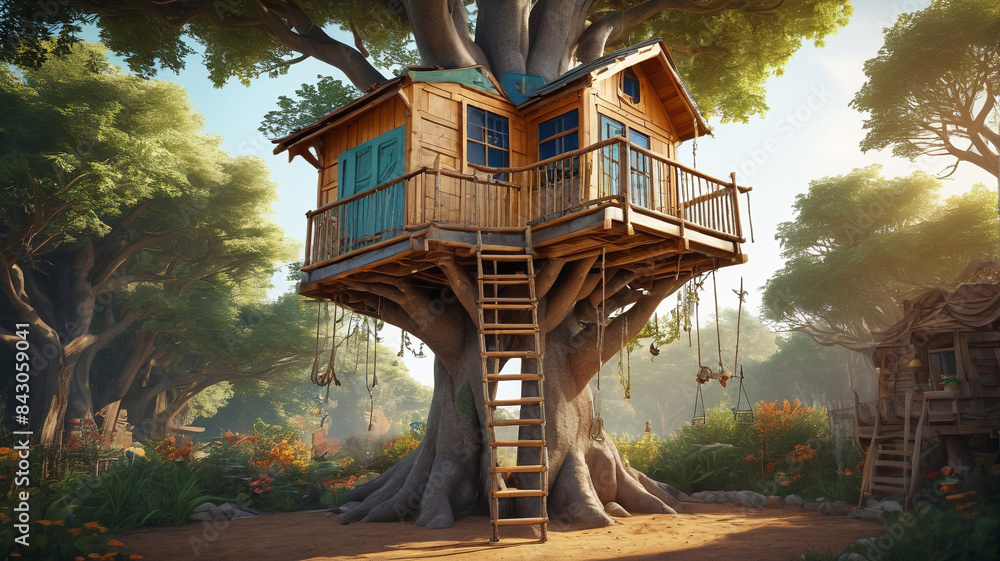 Treehouse Enterance Suspended high above the ground, the treehouse boasts a charming rustic ...