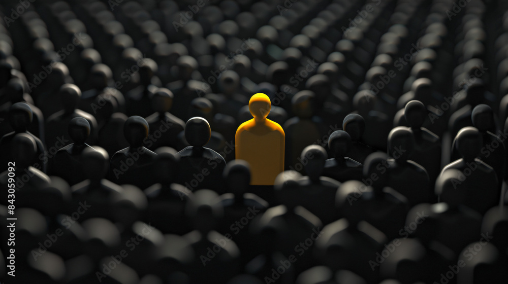Obraz premium One yellow figure stands out among rows of black figures, symbolizing uniqueness and individuality
