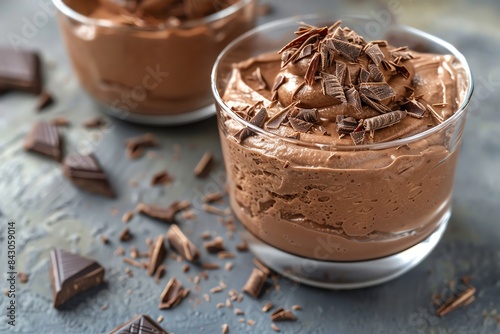 Delicious chocolate mousse dessert topped with chocolate shavings in a glass photo