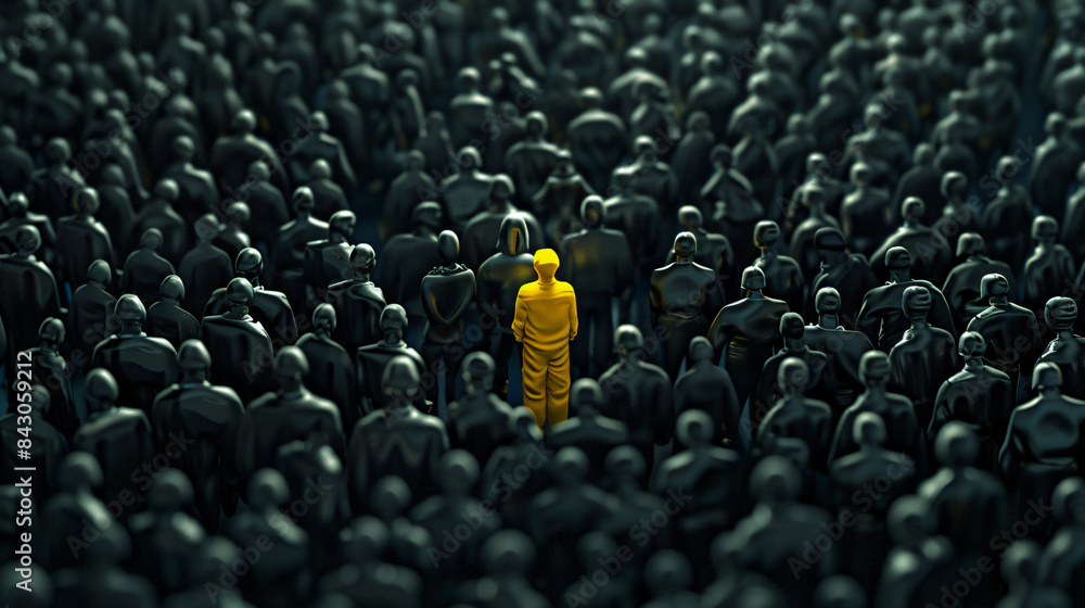 Obraz premium Single yellow figure stands out in a crowd of black figures