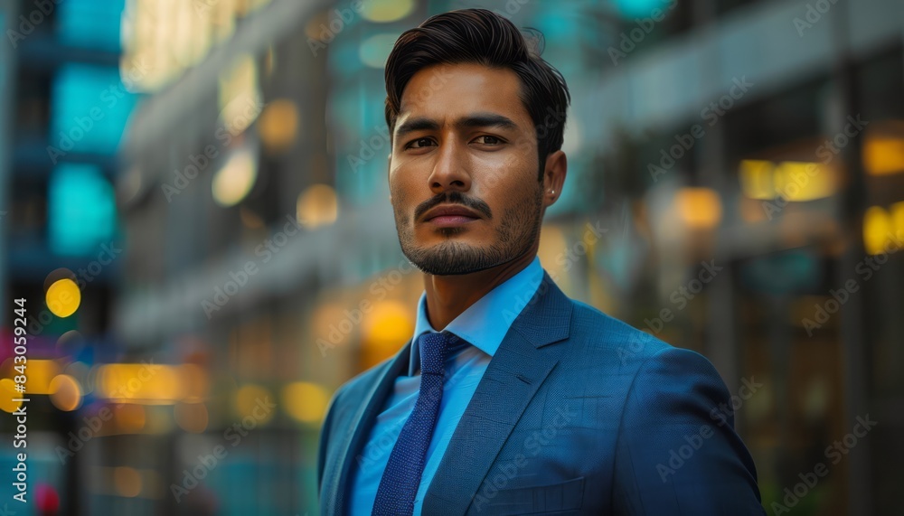 Man in Blue Suit Stands in Urban Setting at Dusk Man in Blue Suit Stands in Urban Setting at Dusk